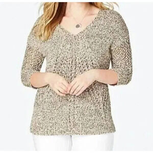 J. Jill Sweater Open Weave Chunky Knit 3/4 Sleeve Pullover Sz Large